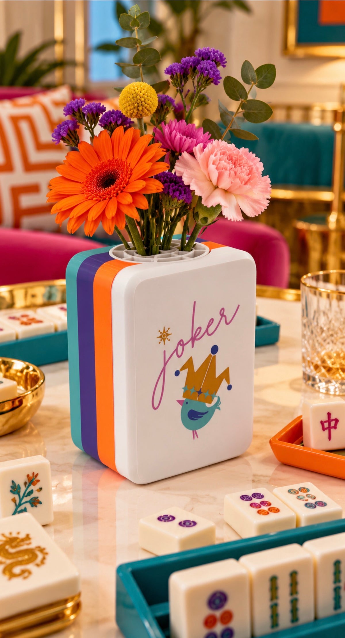 Florero rectangular blanco con diseño Joker y laterales multicolor, con flores sobre una mesa de mahjong.